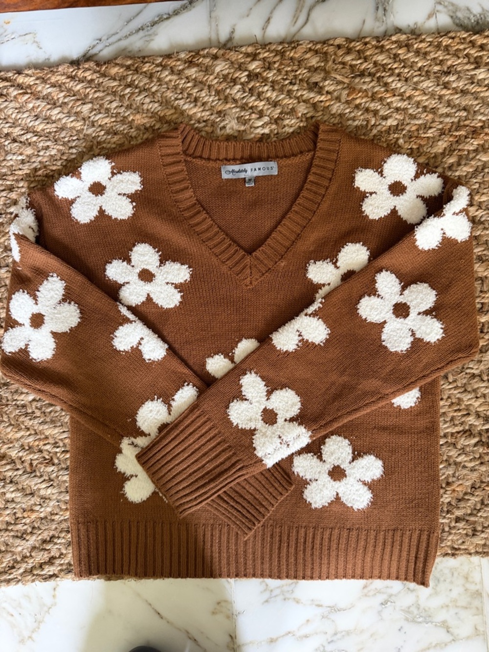 Daisy V-Neck Sweater in Brown and Cream - Cozy Floral Knit